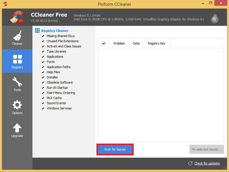Scan der Windows Registry mit CCleaner