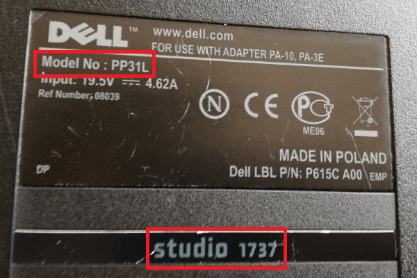 Beispielaufkleber Modell Dell Studio 1737