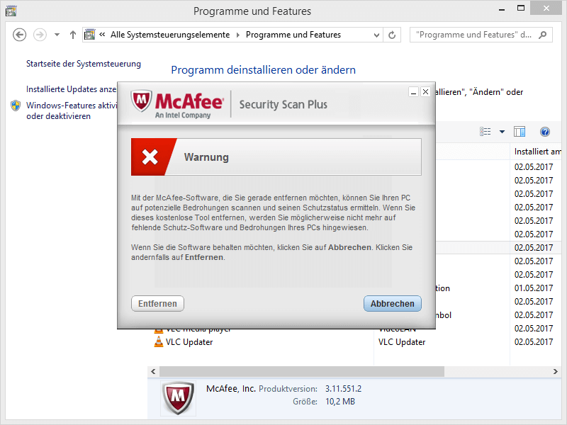 McAfee Software deinstallieren - Schritt 1