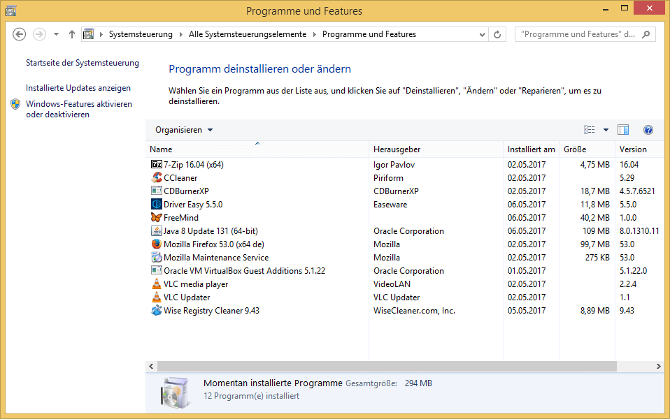 Windows Softwareliste mit Version