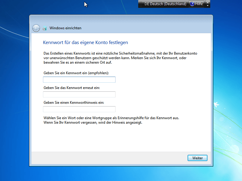 Windows 7 installieren - Kennwort