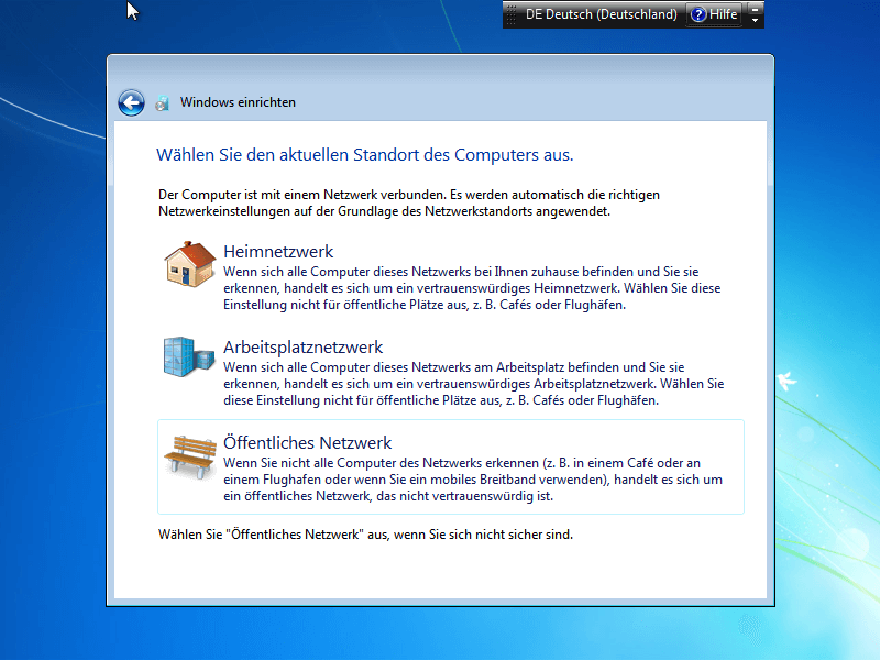 Sicherheitskriterien für Netzwerkeinrichtung bei Windows 7 Installation