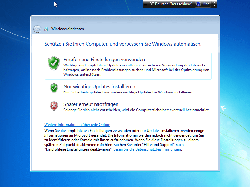 Updates einrichten bei der Windows 7 Installation