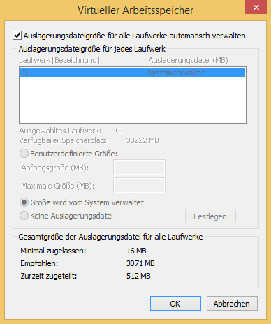 Anpassen der Systemeinstellungen zur Auslagerungsdatei in Windows 8.1