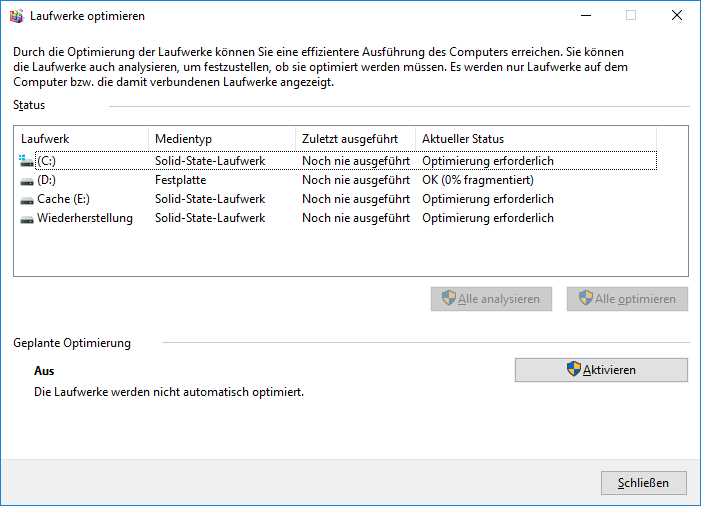 Screenshot der Windows Defragmentierung