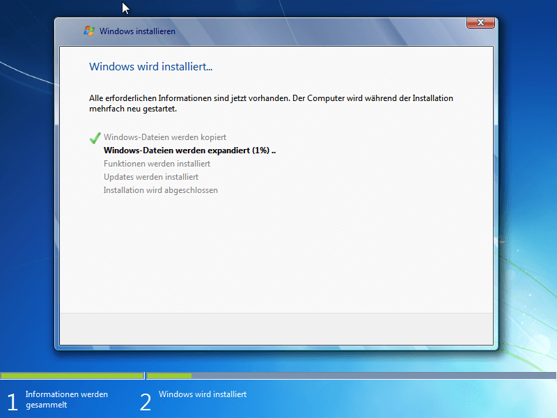 Fortschritt der Windows Installation