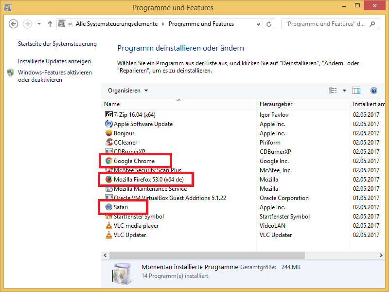 Windows Softwareliste - markiert