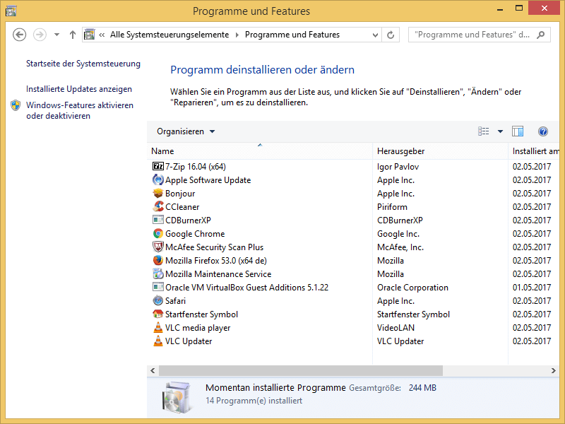 Screenshot einer Windows Softwareliste